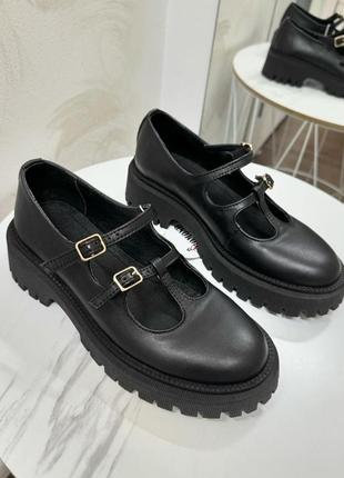 Черные туфли с двумя ремешками полностью кожа