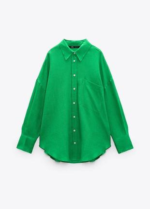 Яскрава зелена сорочка оверсайз 100% льон zara3 фото