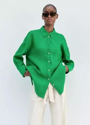 Яскрава зелена сорочка оверсайз 100% льон zara4 фото