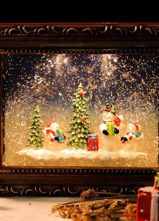 Новорічний декор лампа - "картина зі сніговиками" зі снігом і ...