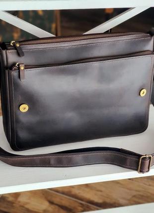 Кожаная мужская сумка - мессенджер для документов а4 коричневая2 фото