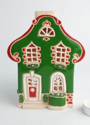 Керамічний будиночок-свічник "барокко" (зелений). аромалампа від "керамісто"4 фото