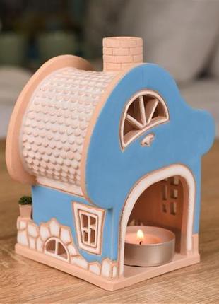 Мініатюрний будиночок "романтика"(блакитний). керамічний свічник4 фото