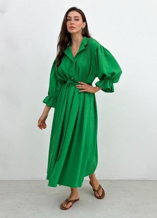 Льняное длинное платье-рубашка зеленая оверсайз 805863 фото