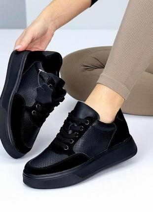 Черные легкие натуральные кожаные +замш кеды/кроссовки с перфорацией2 фото