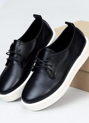 Черные натуральные кожаные туфли оксфорды лоферы кеды на шнурках 36-401 фото