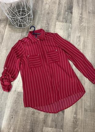 Рубашка блузка шифоновая оверсайз свободного кроя красная в полоску асимметричная