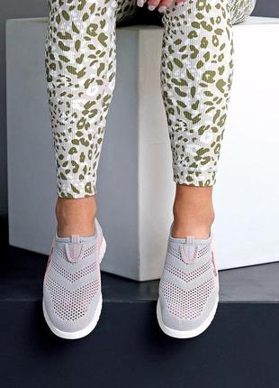 Серые розовые женские мокасины слипоны кроссовки кеды без шнурков тканевые текстильные4 фото