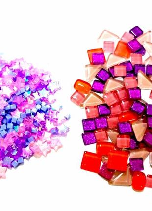 Набір шматочків мозаїки скло зірочка мікс фіолетовий, рожевий, червоний 200 гр 150-180 штук товщина 4 мм