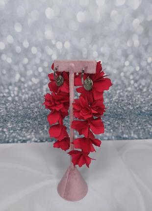 Сережки квіткові червоні ручної роботи3 фото