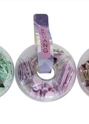 Набор канцелярський пастельний в пластиковій, круглій коробці, скріпки 25мм 40 шт, біндери 19мм 5 шт, кнопки