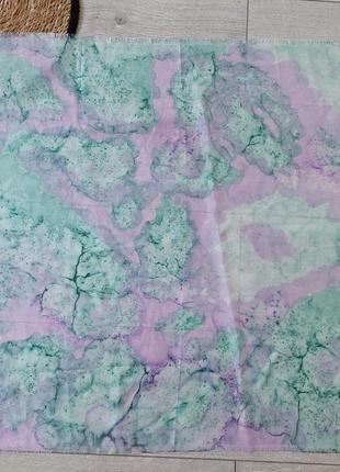 Шёлковый платок, ручная окраска бирюзово-сиреневый принт разводами(66 см на 134 см)3 фото