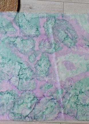 Шёлковый платок, ручная окраска бирюзово-сиреневый принт разводами(66 см на 134 см)4 фото