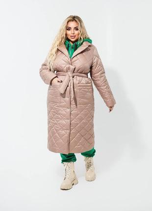 Жіноче стеганное тепле пальто бежевого кольору skl92-353614
