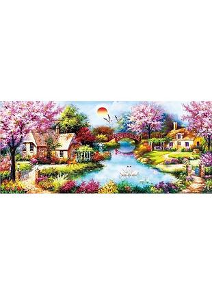Набір для вишивання хрестиком пейзаж будиночок озеро лебеді 100*55 см (розмір картини 88*44см)