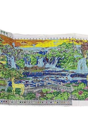 Набір для вишивання хрестиком пейзаж водоспад олені 100*55 см (розмір картини 90*44 см)3 фото