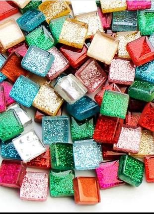 Набір шматочків мозаїки скло мікс різнобарвний з блисками 200 гр 150-180 штук товщина 4 мм1 фото