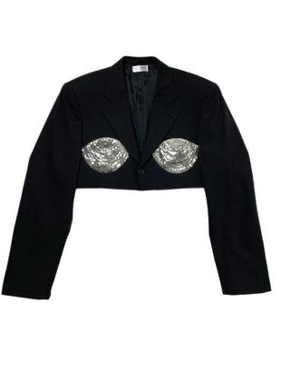 Черный эксклюзивный пиджак с пайетками пайетками upcycling праздничный5 фото