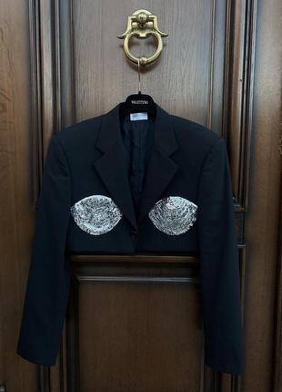 Черный эксклюзивный пиджак с пайетками пайетками upcycling праздничный1 фото
