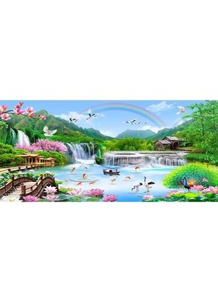 Набор для вышивки крестом  пейзаж радуга водопад птицы 100*55см (размер картины  89*44см)1 фото
