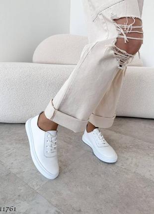 Белые натуральные кожаные кроссовки кеды мокасины на шнурках толстой подошве кожа2 фото