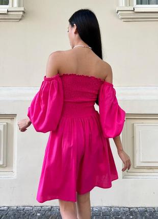 Оригінальна літня міні- сукня з льону❤️відкриті плечі та ефектний довгий рукав-ліхтарик10 фото