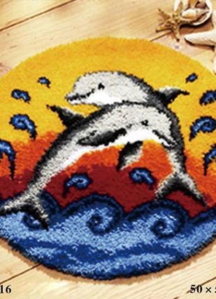 Набор для ковровой вышивки коврик дельфины (основа-канва, нитки, крючок для ковровой вышивки)1 фото