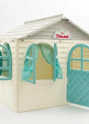 Пластиковий дитячий ігровий сірий будиночок із бірюзовими штор...8 фото