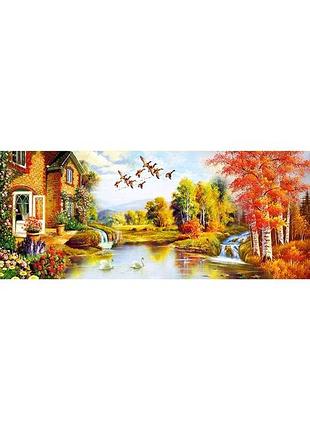 Набір для вишивання хрестом пейзаж осінь озеро будиночок лебеді 150*65 см (розмір картини 140*52 см)