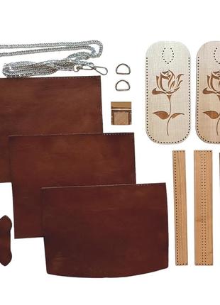 Набор  для пошива сумки из натуральной кожи c деревянными вставками по бокам роза гравированная1 фото