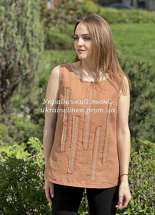 Блуза маина терракотовая галерея льна, льняная, рубашка, вышиванка, 44-54рр