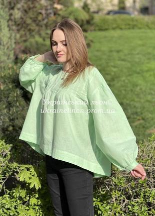 Блуза мона салатова галерея льону, льняна, сорочка, вишиванка 44-54рр.3 фото