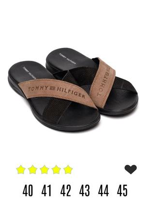 Мужские кожаные летние шлепанцы-сланцы tommy hilfiger black & coffee