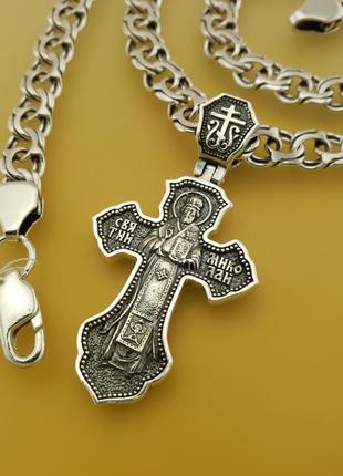 Срібна цепочка з хрестиком чоловіча. освячений кулон хрест св. миколай і ланцюжок бісмарк. довжина 55 см9 фото