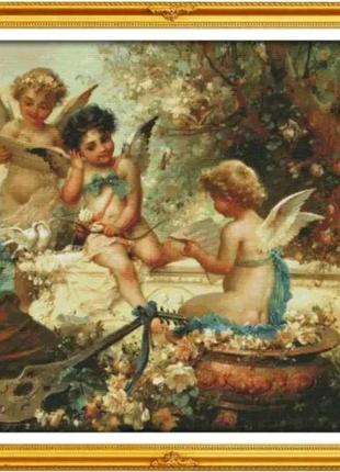 Набір для вишивання за нанесеною на канву схемою "cherubs in the garden ".aida 14ct printed , 74*74 см