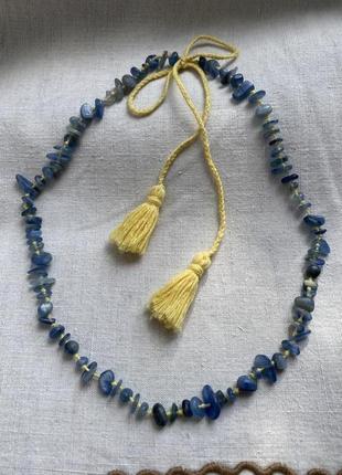Жовто-блакитне намисто «коси» з кіаніту і льону1 фото