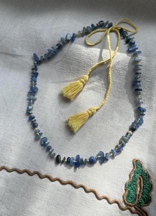 Жовто-блакитне намисто «коси» з кіаніту і льону7 фото