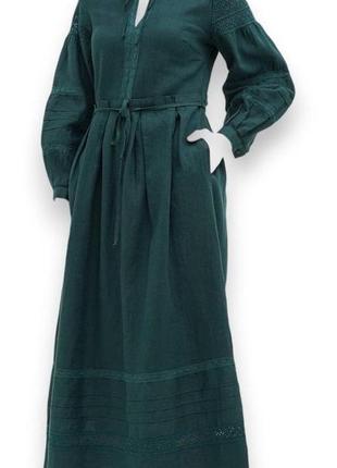 Платье кружево темно-зеленая галерея льна, платье, льняное, вышиванка, макси, 42-52рр