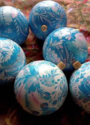 Новорічні кульки, розписані у техніці петриківського розпису. набір (6 штук)