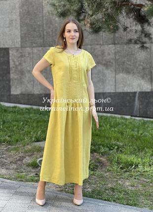 Платье нона горчичная галерея льна, льняное, платье, вышиванка, 44-56рр