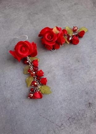 Серьги красные розы длинные серьги красные серьги розы ручной работы2 фото