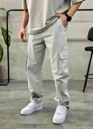 Мужские модные качественные джинсы-карго на утяжках светло-серые2 фото
