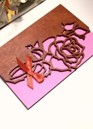 Листівка з дерев'яною обкладинкою троянда, різьблена3 фото