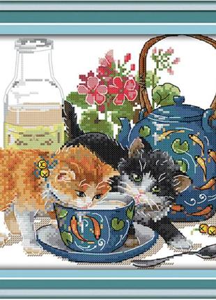 Набір для вишивання за нанесеною на канву схемою "curious cat". aida 14ct printed 30*27 см