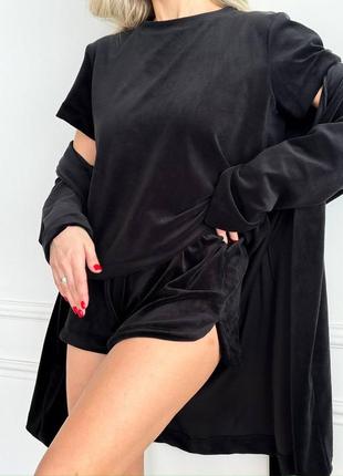 Пижама одежда для сна черный цвет велюровая шорты кофта футболка халат комплект костюм без принта2 фото