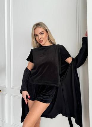 Піжама одяг для сну чорний колір велюрова шорти кофта футболка халат комплект костюм без принту