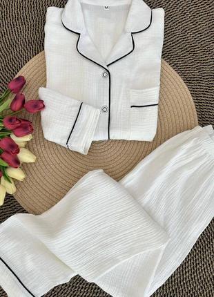 Жіноча літня легка піжама з натуральної тканини муслін штани та сорочка з кантиком розміри s-xl