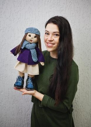 Тряпічна лялька в пальто і капелюсі, оригінальний подарунок2 фото