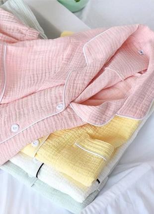 Муслиновая пижама рубашка с воротничком с коротким рукавом на пуговицах свободная шорты мини комплект зеленая белая розовая желтая из хлопка для сна для дома6 фото