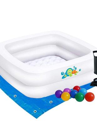 Дитячий надувний басейн bestway 51116-2, білий, 86 х 86 х 25 см, з кульками 10 шт, підстилкою, насосом1 фото